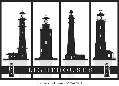 Lighthouses silhouettes vector set isolated on white. Vector illustration