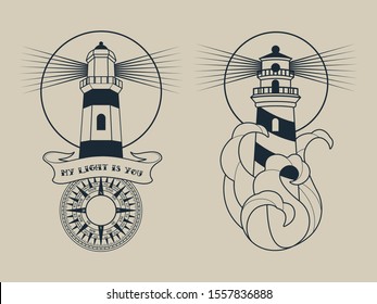 Lighthouses Tattoo Designs, Traditional Style, Beacons, Compass, Surf