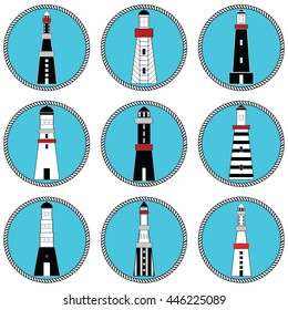 Lighthouses in vary shapes and styles collection set in nautical colors in knotted circle shape representing coastal  vintage architecture style 
