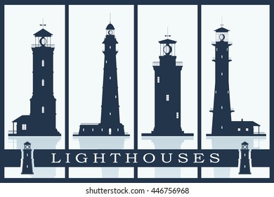 Lighthouses vector set. Silhouettes of large lighthouses over blue background. Vector illustration.