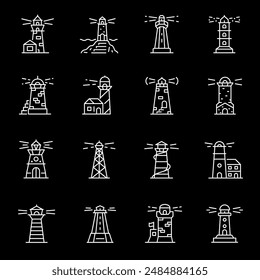 Lighthouses, white line icons. Marine navigation beacons. maritime and travel themes. Symbols on black background. Editable stroke.