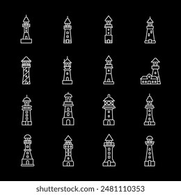 Lighthouses, white line icons. Sea navigation beacons and lighthouses. maritime and travel themes. Symbols on black background. Editable stroke.