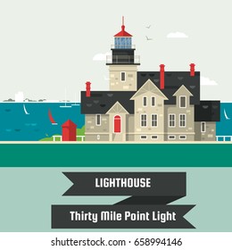 Lighthouse.Thirty Mile Point Light.Lighthouse on rock stones island cartoon vector background. Vector illustration