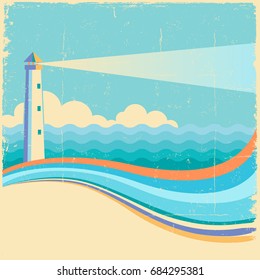 Lighthouse.Vintage sea waves background on old texture