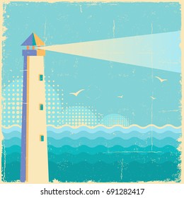 Lighthouse.Vintage sea waves poster background on old paper texture 