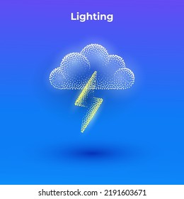 Lighting 3d icon with transparent effect. Halftone weather simple icon with minimalistic cloud and lighting shape.  Dots textured cloud and lighting illustration.