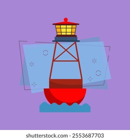 Lighting beacon on water. Tall signal lighthouse floating on sea. Can be used for topics like direction, searchlight, signal