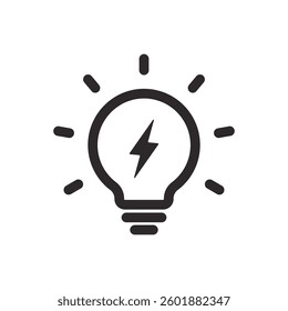 Lighting bolt bulb icon. Electric lamp, innovation, solution, Idea, creative thinking, thunderbolt sign, flash symbol design. Vector Illustration.