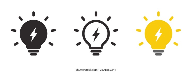 Lighting bolt bulb icon. Electric lamp, innovation, solution, Idea, creative thinking, thunderbolt sign, flash symbol design. Vector Illustration.