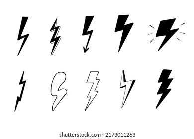 Lighting bolt set symbol in doodle style power simple abstract sign collection isolated on white background. Web, hipster