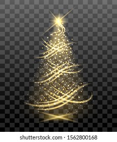 Lighting bright christmas tree. Vector shiny christmas trees lights ornament, gold lighted new year decoration graphic isolated on transparent background