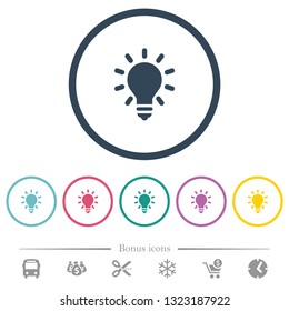 Lighting bulb flat color icons in round outlines. 6 bonus icons included.