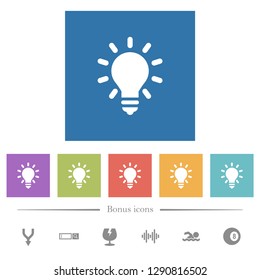 Lighting bulb flat white icons in square backgrounds. 6 bonus icons included.