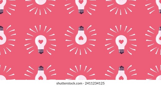 Glühbirne mit Herz Vektor Nahtlose Muster. Handgezeichneter Valentinstag-Hintergrund für Textilien, Stoffe, Urlaubspapier. Love is power concept, Decoration Template for Wallpaper, Card