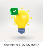 Lighting bulb icon with green check mark. 3d vector icon 

