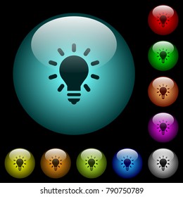 Lighting bulb icons in color illuminated spherical glass buttons on black background. Can be used to black or dark templates