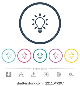 Lighting bulb outline flat color icons in round outlines. 6 bonus icons included.