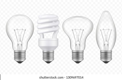 Lighting bulb. Realistic glass transparent lamp of different styles business creative ideas symbols vector collection