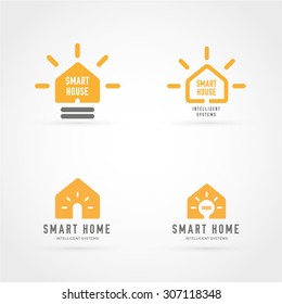 Lighting Bulb Shaped Smart Home Sign Icon, Smart House Logo Vector Set On White Background