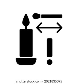 Lighting candle with long match black glyph manual label icon. Using lighter. Get birthday candle lit. Silhouette symbol on white space. Vector isolated illustration for product use instructions