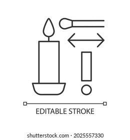 Lighting candle with long match linear manual label icon. Thin line customizable illustration. Contour symbol. Vector isolated outline drawing for product use instructions. Editable stroke