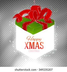 Lighting christmas gift box at neutral grey background. Holidays background. Vector flat lamp box.
