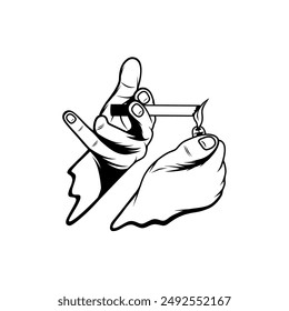 lighting a cigarette between fingers with a black and white lighter vector line art