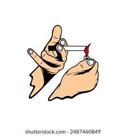 Zünden einer Zigarette zwischen den Fingern mit einer leichteren Vektorillustration