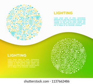 Lighting concept in circle with thin line icons: bulb, LED, CFL, candle, table lamp, sunlight, spotlight, flash, candelabrum, bonfire, menorah, lighthouse. Vector illustration, print media template.
