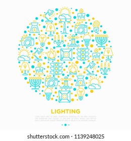 Lighting concept in circle with thin line icons: bulb, LED, CFL, candle, table lamp, sunlight, spotlight, flash, candelabrum, bonfire, menorah, lighthouse. Vector illustration, print media template.