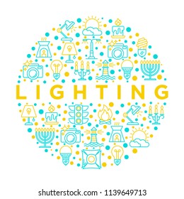 Lighting concept in circle with thin line icons: bulb, LED, CFL, candle, table lamp, sunlight, spotlight, flash, candelabrum, bonfire, menorah, lighthouse. Vector illustration, print media template.