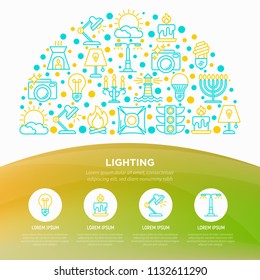 Lighting concept in half circle with thin line icons: bulb, LED, CFL, candle, table lamp, sunlight, spotlight, flash, candelabrum, bonfire, menorah, lighthouse. Vector illustration, web page template.
