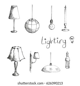 Lighting concept. Lamp set hand drawn isolated