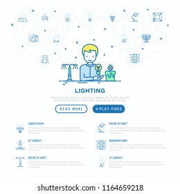 Lighting concept: man starting to use light bulb instead of candle. Thin line icons, LED, CFL, table lamp, sunlight, spotlight, flash, candelabrum, bonfire. Vector illustration, web page template.
