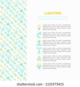 Lighting concept with thin line icons: bulb, LED, CFL, candle, table lamp, sunlight, spotlight, flash, candelabrum, bonfire, menorah, lighthouse, aroma lamp. Vector illustration, print media template.