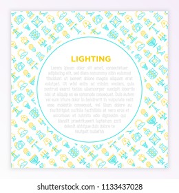 Lighting concept with thin line icons: bulb, LED, CFL, candle, table lamp, sunlight, spotlight, flash, candelabrum, bonfire, menorah, lighthouse, aroma lamp. Vector illustration, print media template.