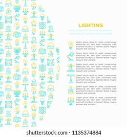 Lighting concept with thin line icons: bulb, LED, CFL, candle, table lamp, sunlight, spotlight, flash, candelabrum, bonfire, menorah, lighthouse. Modern vector illustration, print media template.