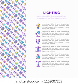 Lighting concept with thin line icons: bulb, LED, CFL, candle, table lamp, sunlight, spotlight, flash, candelabrum, bonfire, menorah, lighthouse. Modern vector illustration, print media template.