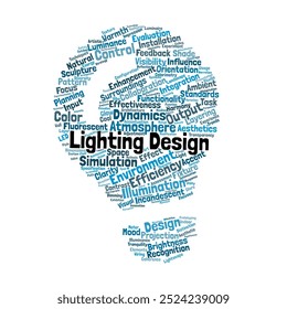 Lighting Design Word Cloud. Composition of Words Related to Illumination, Fixtures, and Aesthetics. Creative Insights for Modern Spaces. Isolated Background.