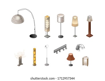 Lighting devices, floor lamps, lamps, lamps for the interior, floor and wall. Isometry Vector illustration