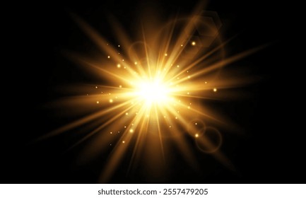 Lighting effect with glare from sunlight. Bright light. Golden highlights. Rays. Vector illustration.

