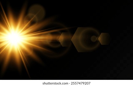 Lighting effect with glare from sunlight. Bright light. Golden highlights. Rays. Vector illustration.

