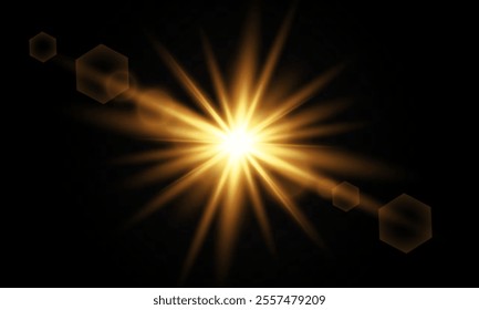 Lighting effect with glare from sunlight. Bright light. Golden highlights. Rays. Vector illustration.

