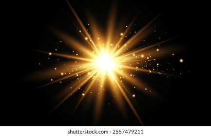 Lighting effect with glare from sunlight. Bright light. Golden highlights. Rays. Vector illustration.

