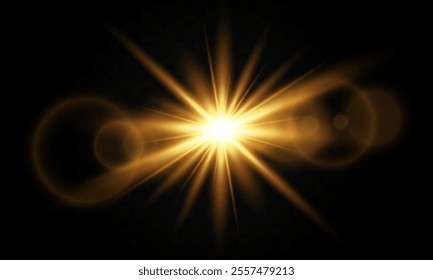 Lighting effect with glare from sunlight. Bright light. Golden highlights. Rays. Vector illustration.

