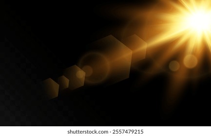 Lighting effect with glare from sunlight. Bright light. Golden highlights. Rays. Vector illustration.

