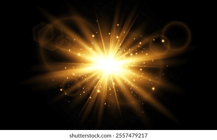 Lighting effect with glare from sunlight. Bright light. Golden highlights. Rays. Vector illustration.

