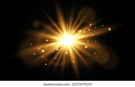 Lighting effect with glare from sunlight. Bright light. Golden highlights. Rays. Vector illustration.

