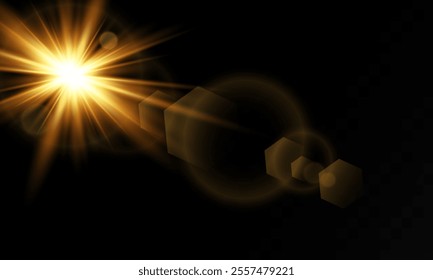 Lighting effect with glare from sunlight. Bright light. Golden highlights. Rays. Vector illustration.

