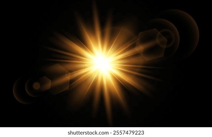 Lighting effect with glare from sunlight. Bright light. Golden highlights. Rays. Vector illustration.

